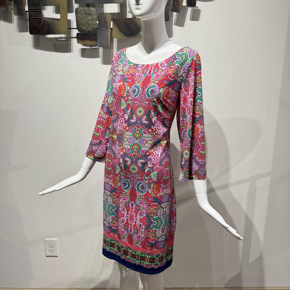 Laundry by Shelli Segal Pink Geometric Pattern 3/4 Sleeve Shift Dress Large
